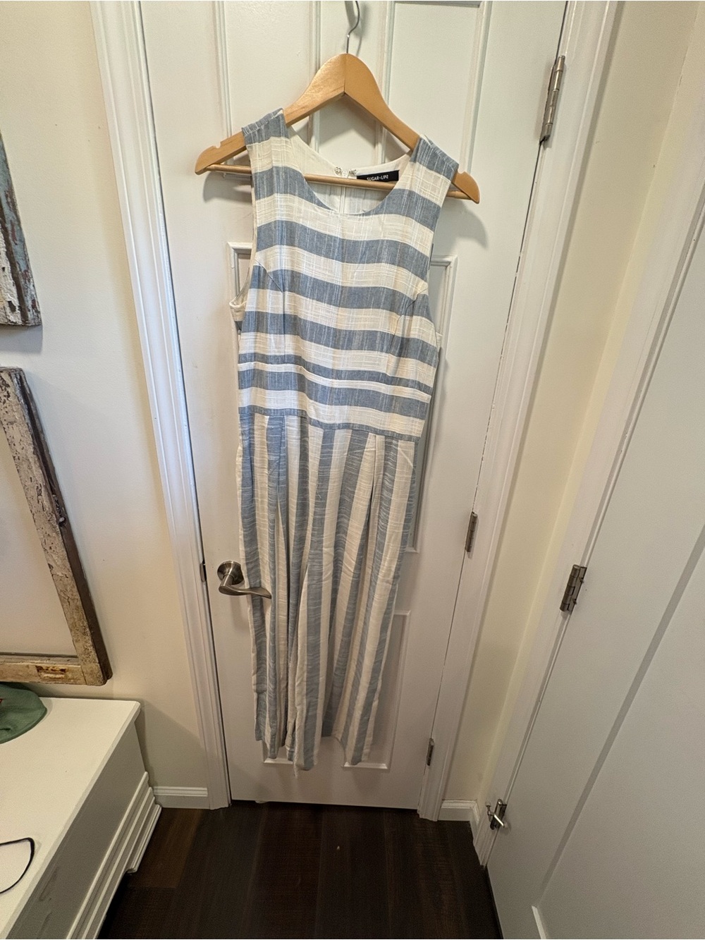 Striped Sleeveless Midi Dress in Light Blue and White
